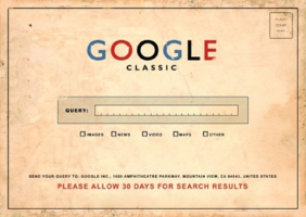 Открытка Гугл. Отправь свой поисковый запрос и в течении 30 дней мы пришлем вам результат поиска (Гугл в 19 веке).